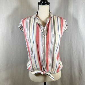 Old Navy Notch Collar Tie Hem Shirt Pink Multi Striped Short Sleeve Womens XS